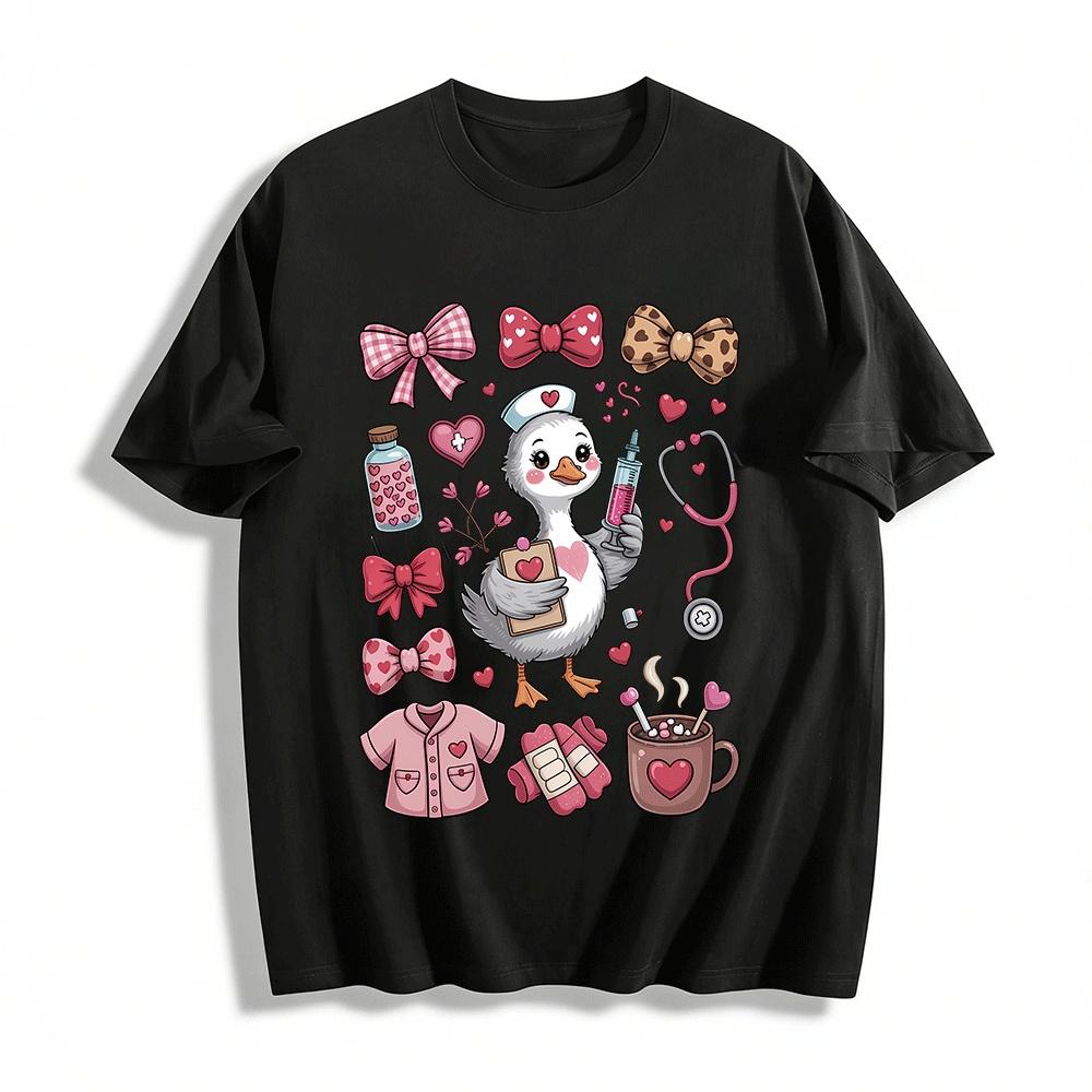 Nurse Duck Heart Print Valentine s Day Tops Pure cotton T-shirt XXS