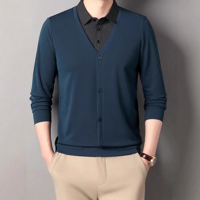 

Мужской свитер с имитацией рубашки и воротником, весенне-осенний, повседневный, универсальный, для папы среднего возраста, модный свитер L темно-синий