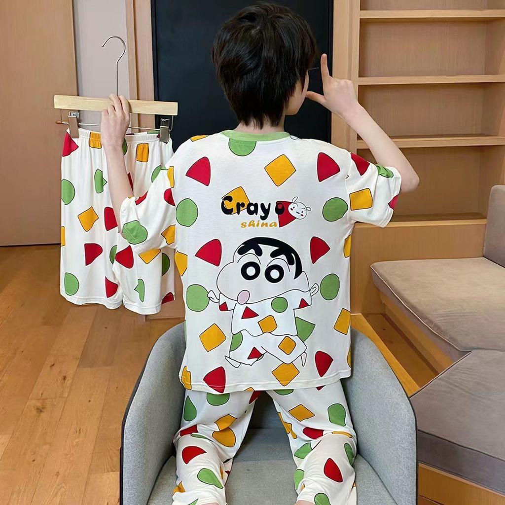 Children's Summer Pajama Set: 3-Piece Short-Sleeve Top, Long Pants, Boys' Medium & Large Air Conditioning Suit