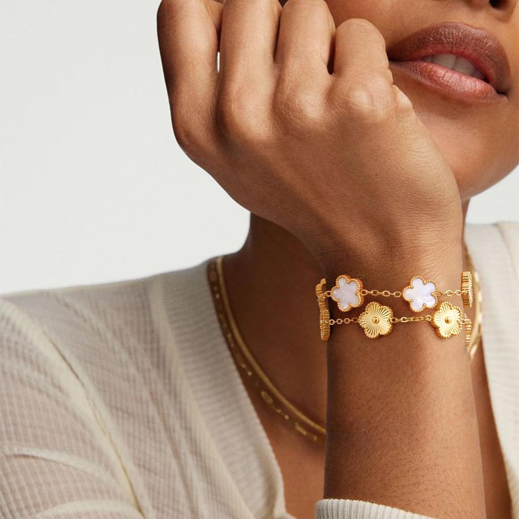 18K Gold Plated Floral Bracelets,Stainless Steel Charm Bracelet Non-Tarnish,Adjustable lucky Chain Set Trendy Gift