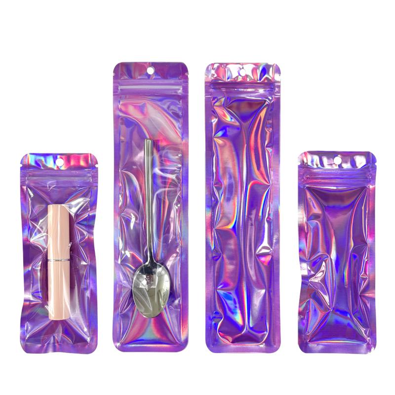 Holographic Zipper Bags Long Resealable Shine Pouches for Jewelry, Crafts, Snacks, Spoons Food Grade Packaging 100 PCS