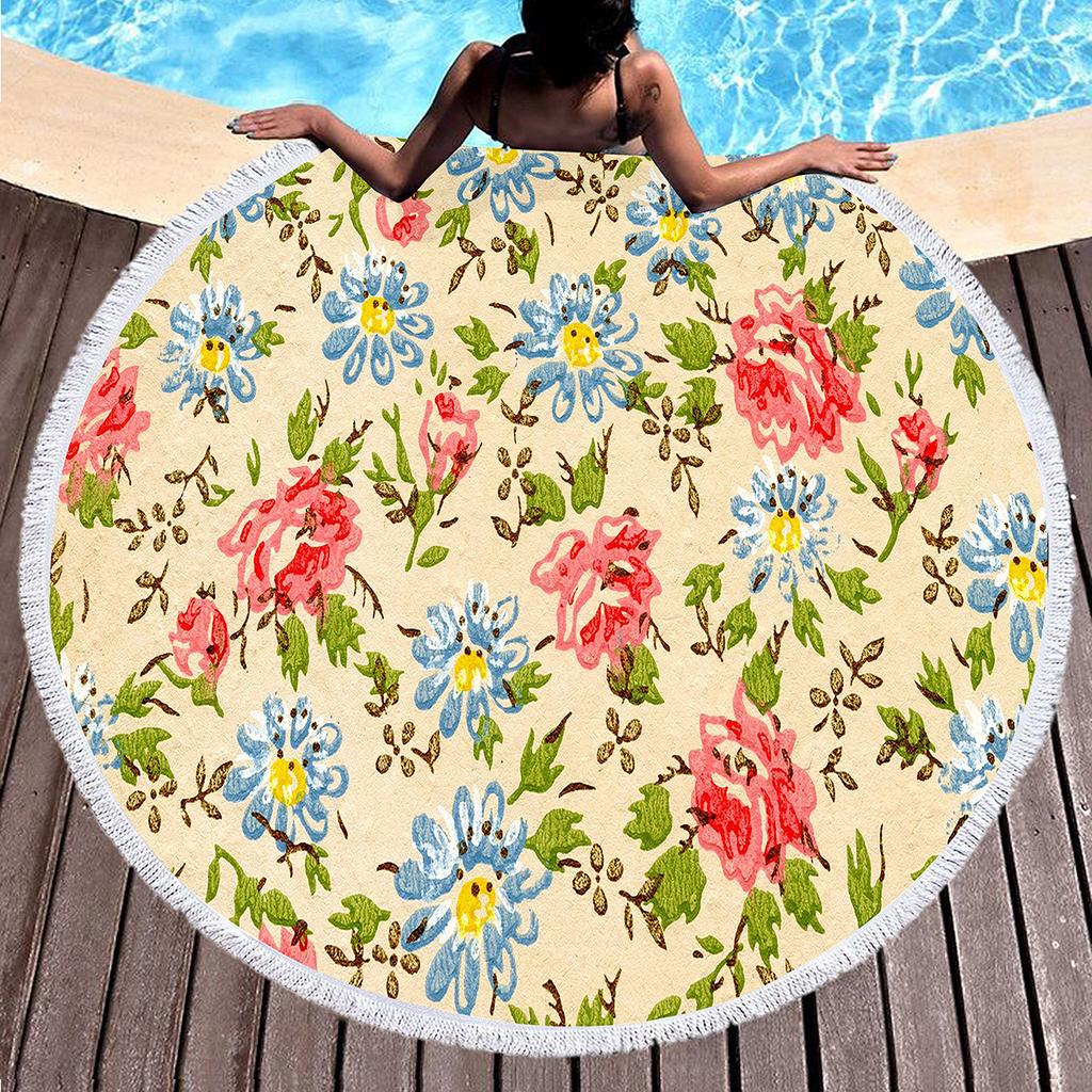 Vintage Floral Round Beach Towel with Tassels, Farmhouse Flower Beach Blanket, Soft Microfiber Yoga Meditation Mat Picnic Rug