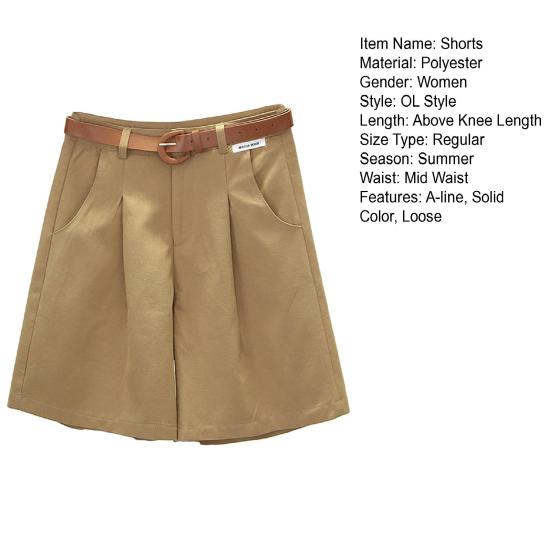 Women Summer Shorts A-line Solid Color With Belt High Waist Suit Shorts Loose Pockets Zipper Button Closure Lady Dating Commute Shorts
