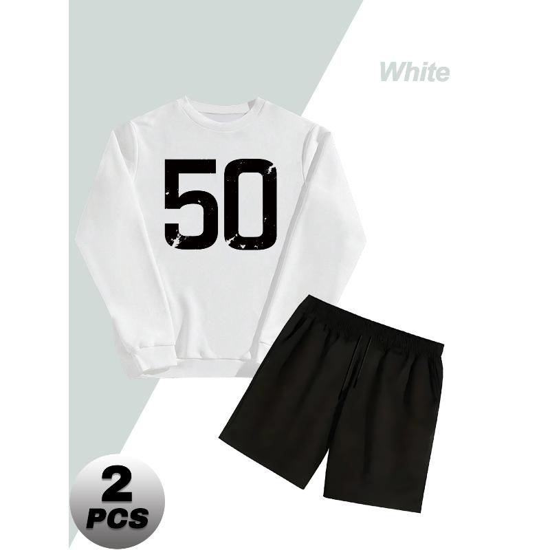 Men s Polyester Crew Neck Sweatshirt Set with Relaxed Fit Shorts S