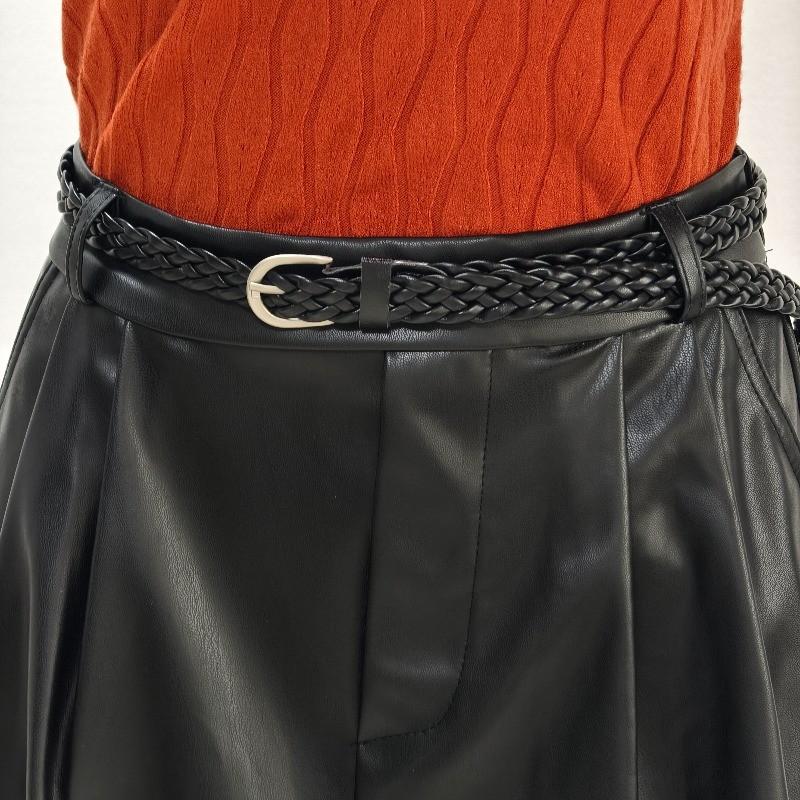Qooth PU Leather Skirt with Pockets High-Waist Faux Leather Belted Skirt Women's Functional Fashion Skirt QT2984