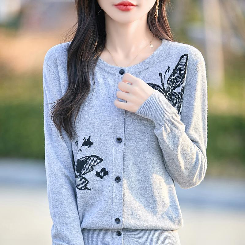 2025 Spring/Summer Women's Butterfly Intarsia Knitted Wool Cardigan – Loose Fit, Round Neck, Long Sleeve