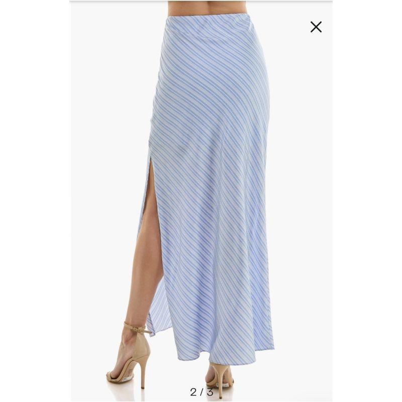 

American Urban Social Imitated Silk Fabric Vertical and Smooth Material Hem Slit Half Lining Extra Long Skirt Light blue Stripes half lining L