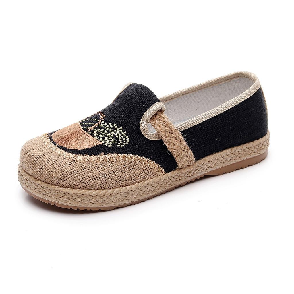 Processing Custom Old Beijing Cloth Shoes Women's Linen Ethnic Style Canvas Shoes Round Head Flat Bottom Lightweight Soft Sole Mother Shoes