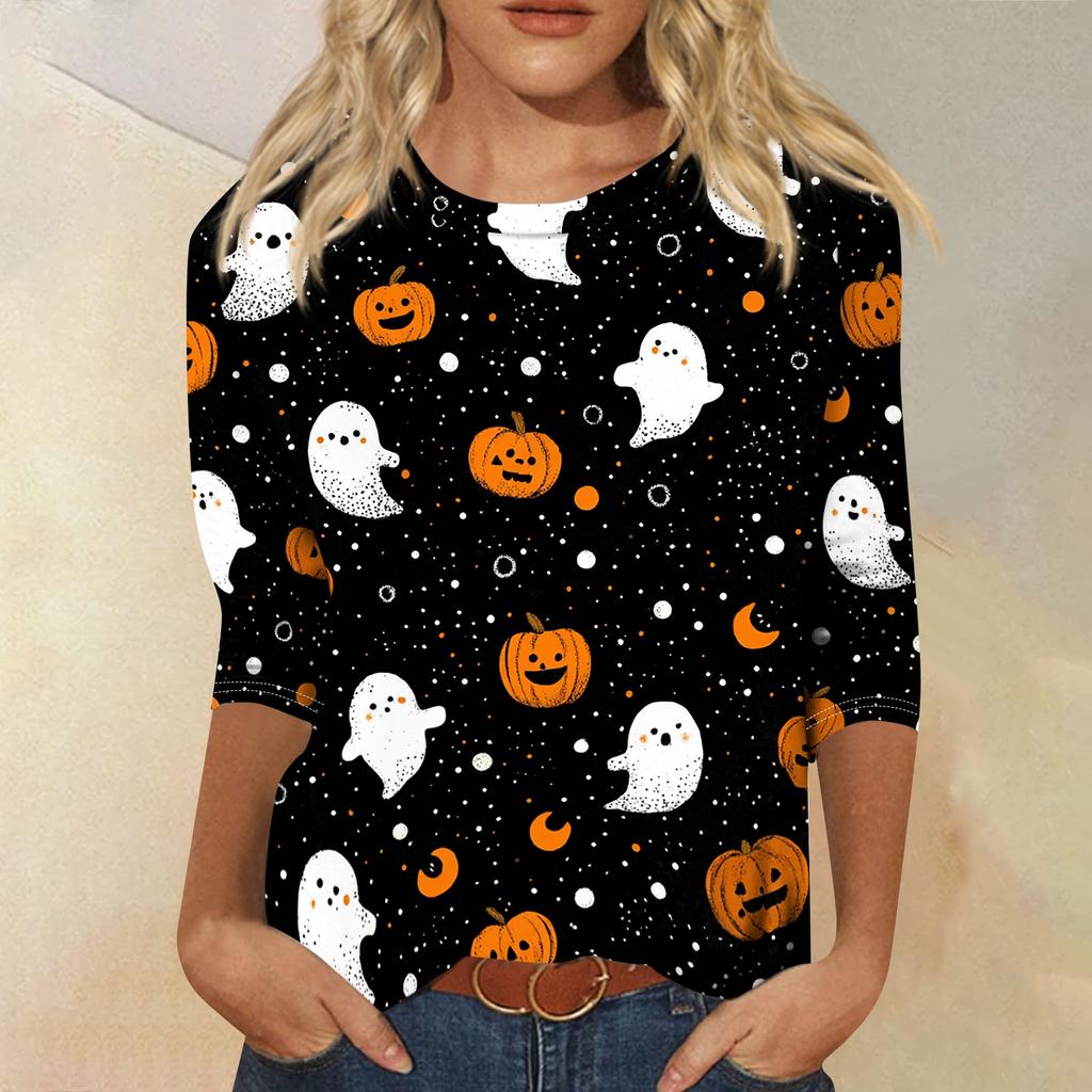 Women Casual Round Neck Halloween Print T Shirt Three Quarter Sleeve Top Lightweight Comfortable Fit Seasonal Graphic Tee