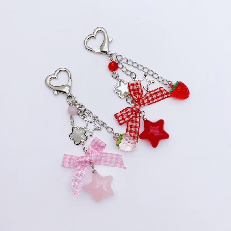 Cute Strawberry Bowknot Bag Charm Charming Strawberry Bowknot Keychain for Trendsetters Sturdy Key Chain Pendant
