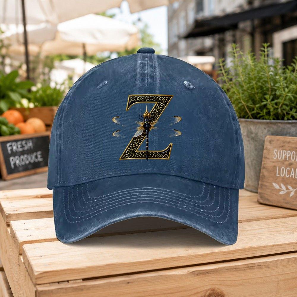 Golden Dragonfly Letter Z Washed Baseball Cap Unisex Casual Duckbill Hat for Outdoor Hiking Daily Commuting