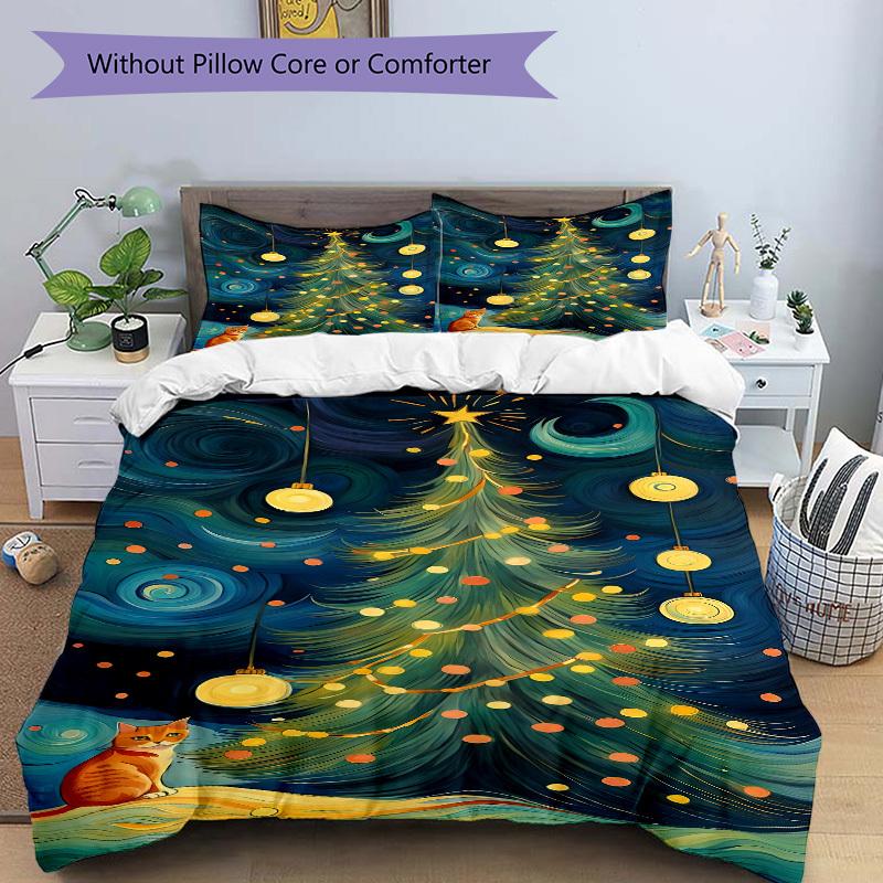 3pc Christmas Cat Cover Set - 1 Quilt Cover + 2 Pillowcases, All Seasons Bedroom Setting, Perfect for Home035