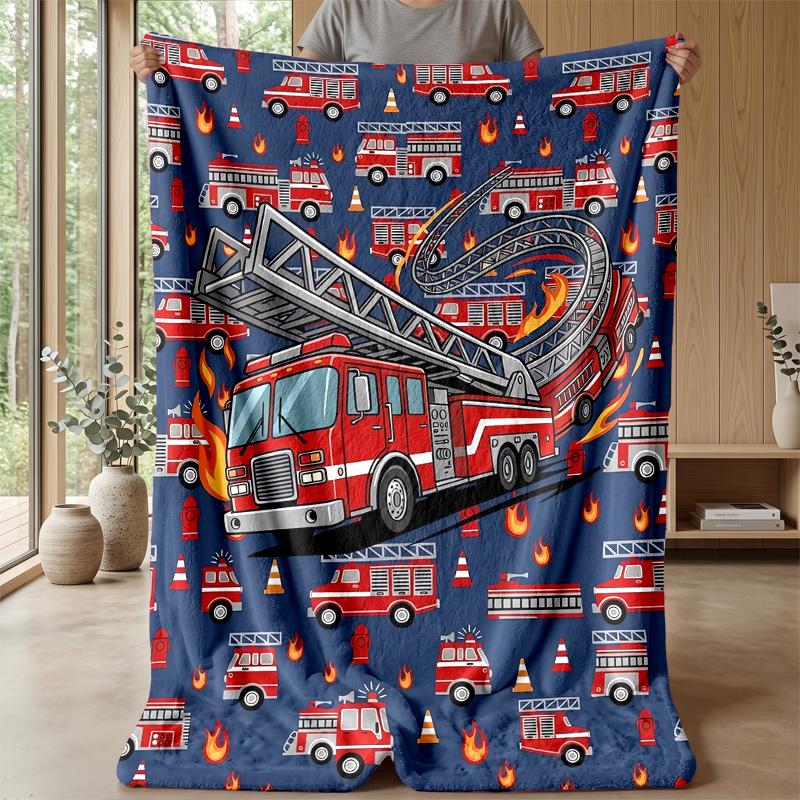 Fire Truck Pattern Theme blanket Lightweight Warm Flannel Blanket Decorative Throw Blanket for Home Decoration
