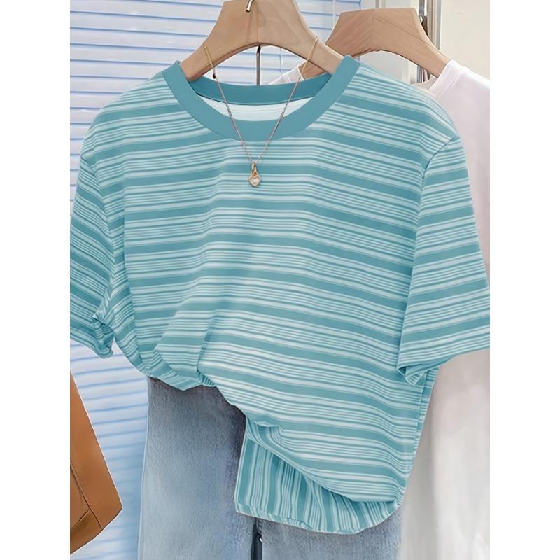 Elegant and fashionable new spring and summer round neck striped loose casual commuting versatile slimming women's top T-shirt