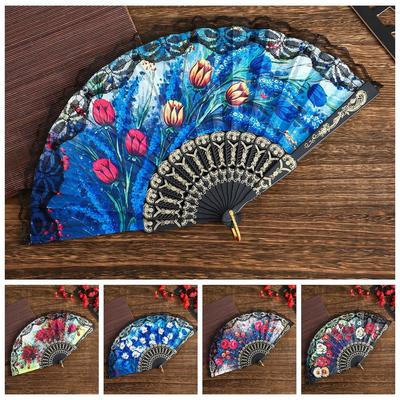 Plastic Ribs Spanish Folding Fan Lace Trim Edge Handheld Fan Elegant Dance Prop Fan  Gift