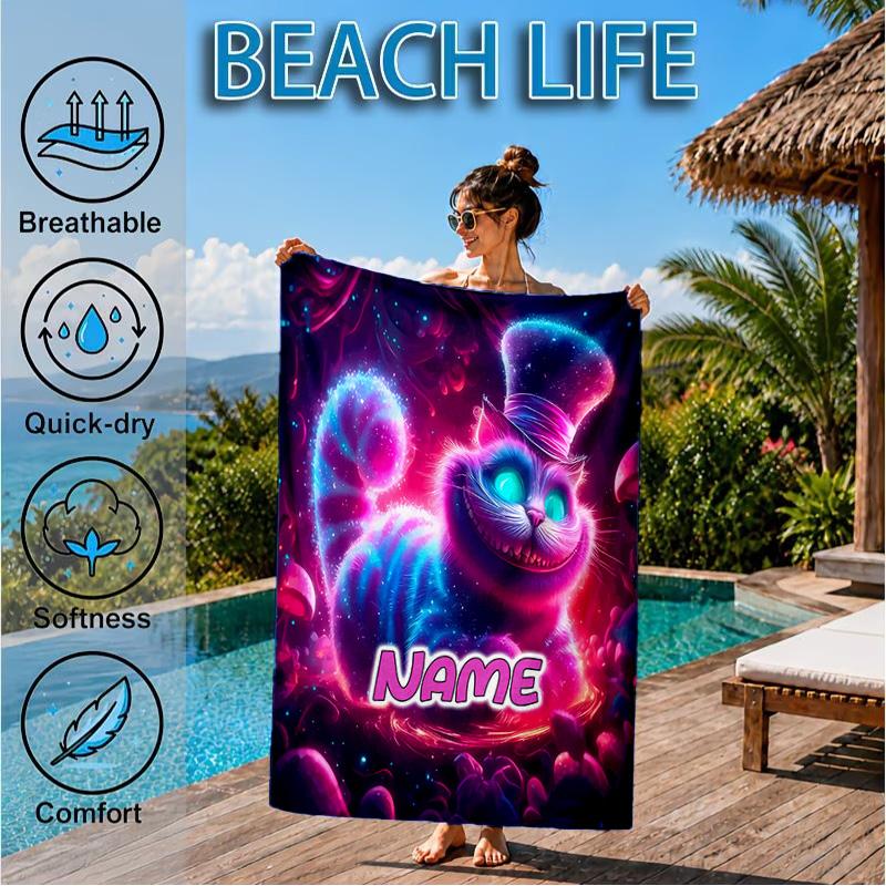 Custom Name che-shire cat Beach Towel Microfiber Beach Towel, Lightweight and Quick-Dry, for Summer Travel, Swimming Pool Gift
