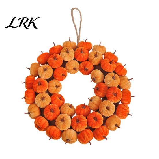 Artificial Pumpkin Vine Velvet Wreath Door Hanger, Fall Thanksgiving Garland, Rustic Fluffy Autumn Harvest Decor for Entryway Window, Farmhouse