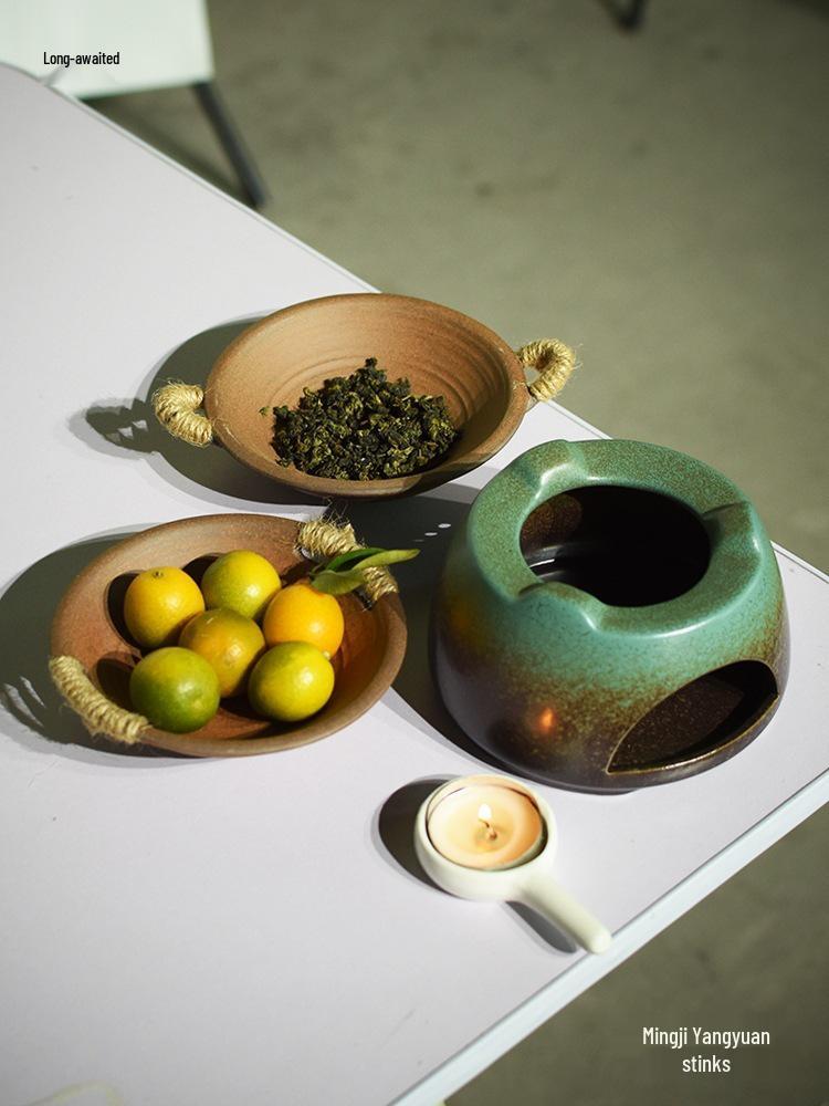 Japanese Ceramic Aroma Diffuser & Tea Warming Stove Set Coarse Pottery Set with Internal Handles