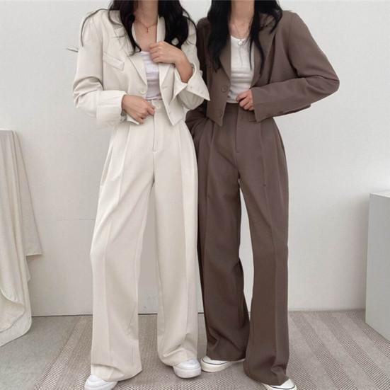 2 ks/sada Dámská sada Klopa Jednořadé sako Široký kardigan Kabát s dlouhým rukávem Kalhoty Noha Vysoký pas