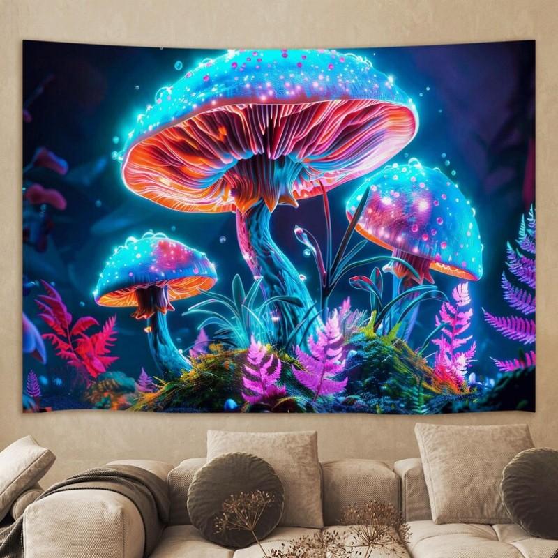 Neon Glow Mushroom Tapestry Polyester Wall Hanging Trippy Psychedelic Tapestry for Bedroom Room Decoration