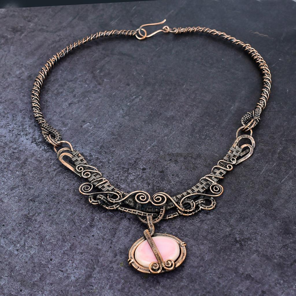 Pink Opal Handmade Copper Wire Wrap Jewelry Necklace 18" G2a91
