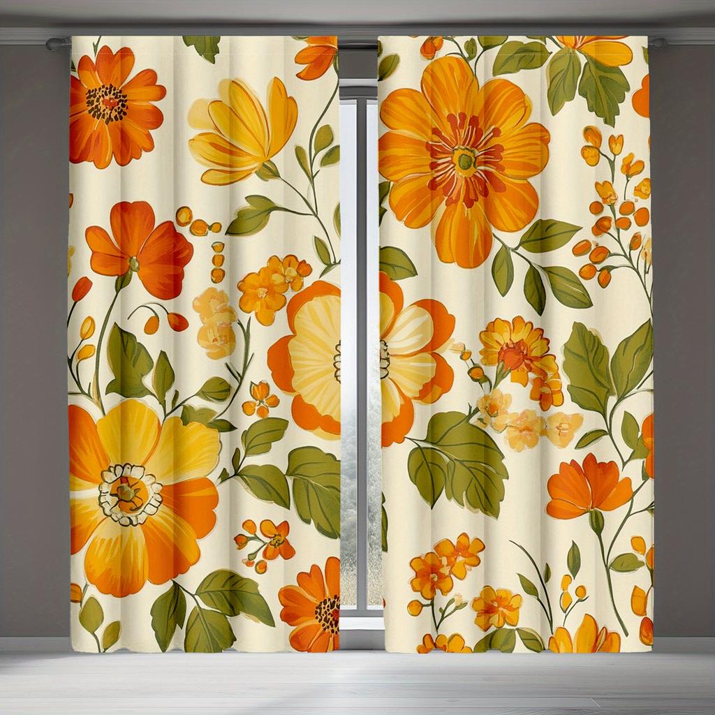 2pcs Decorative Curtains70s Style Castle Fairy Curtains   Watercolor Yellow Flowers   Green Leaves for Living Room