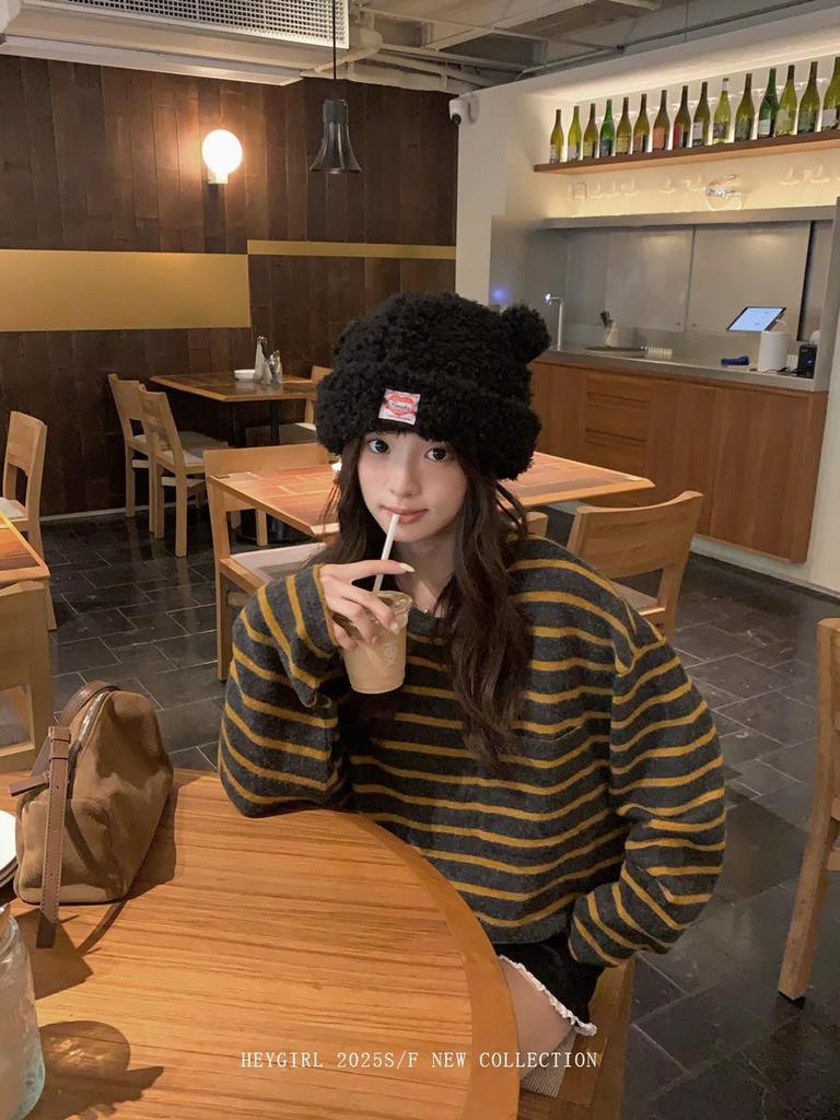 HEYGIRL Black Lazy Stripe 3.0 Korean Style Women's Autumn Loose Casual T-shirt