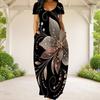 Women Plus Size Round Neck Short Sleeve White Printed Loose Maxi Dress With Side Pockets