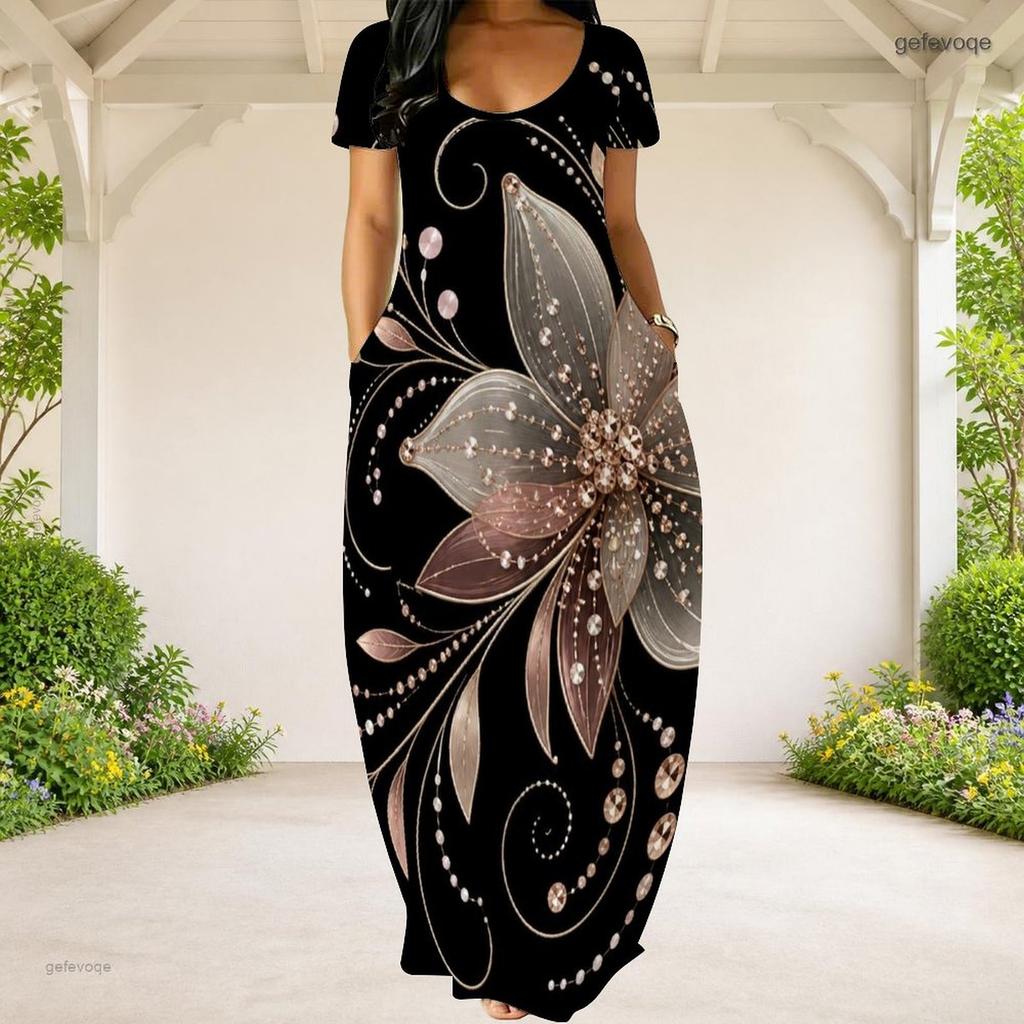 Women Plus Size Round Neck Short Sleeve White Printed Loose Maxi Dress With Side Pockets