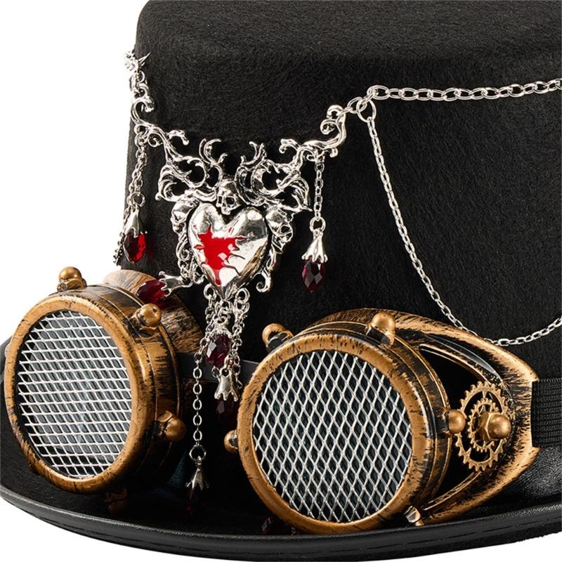 Gothic Top Hat With Heart Pendant And Detachable Adjustable Goggles For Halloween Costume Party Stage Performances