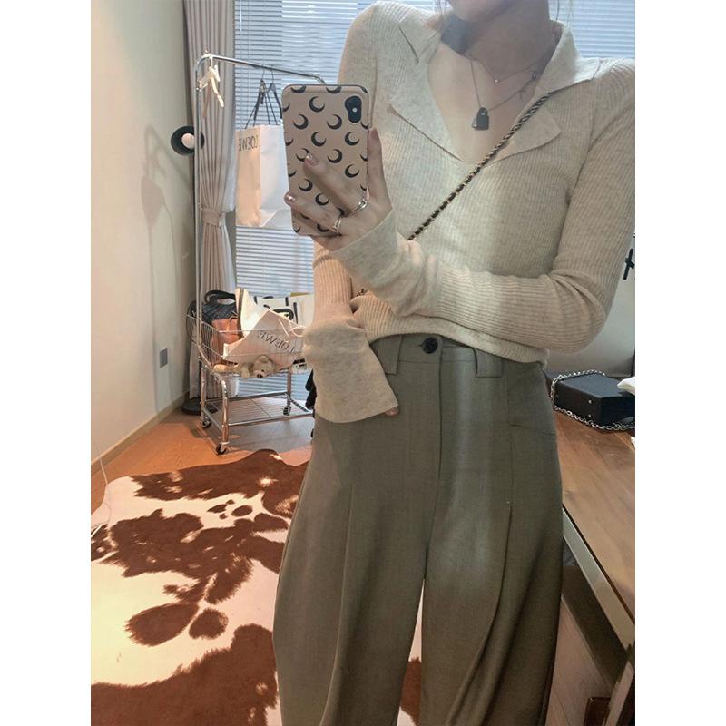 Polo collar slim-fit threaded knitted sweater women's autumn pure desire wind collar slim long-sleeved top bottoming shirt
