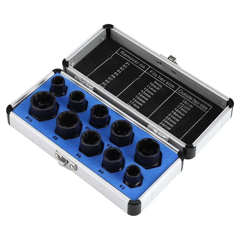 10Pcs Socket Set 9-19mm Damaged Nut Bolt Screw Remover Adopter Car Extractor Threading Tool Box for Electric Drill