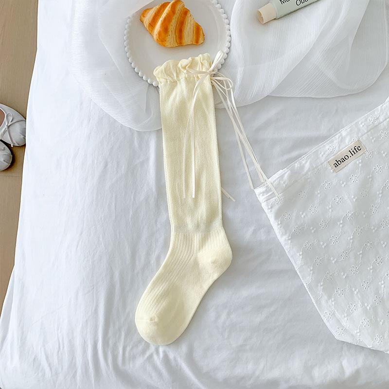Female Summer Thin Heel Ribbon Bow Mesh Breathable Sweet Flower Bracts Calf Pile Socks