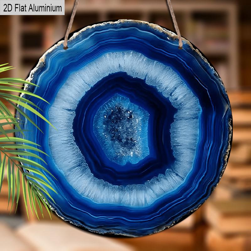 2D Flat Aluminum Vintage Blue Agate Slice Pattern Design Wall Art Sign, Deep Blue & Black Veining, Islamic Home Decor, Garden Balcony, Indoor/Outdoor