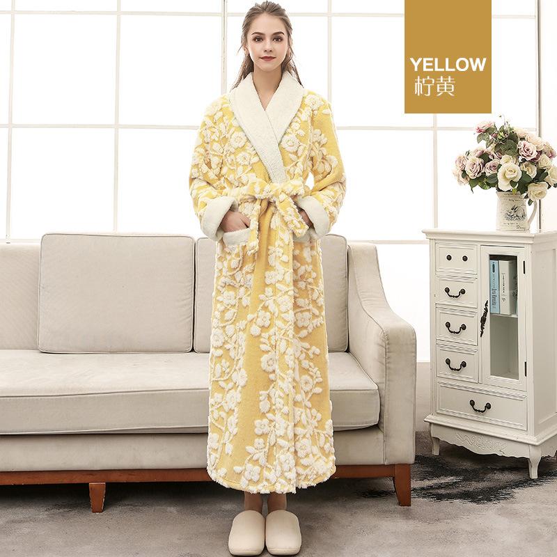 European and American Style Women's Winter Warm Lace Up Robe Couples Jacquard Double Layer Bathrobe Plus Size Thickened Long Loungewear with Pockets