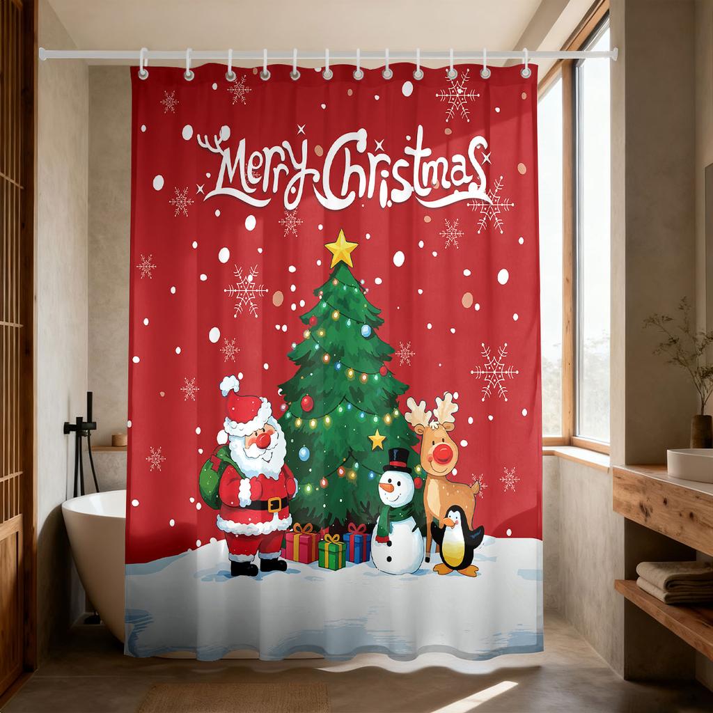 GAE1pc Christmas Tree Cartoon Santa Claus Print Waterproof Shower Curtain Privacy Hanging Curtain with 12 Hooks Multi Size