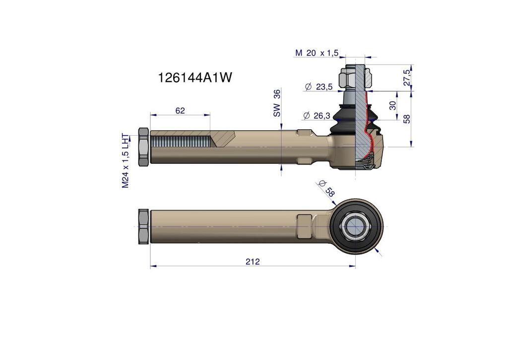 Steering joint 212mm- M24x1.5L 126144A1 WARYŃSKI