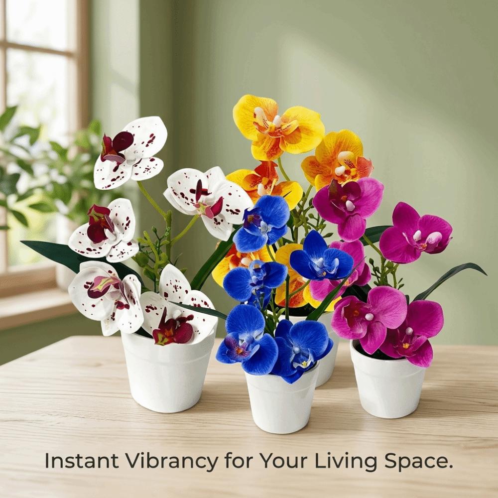 5 Blooms Artificial Orchid Arrangement Realistic Indoor Potted Flower Display White Pot Compact Tabletop Floral Centerpiece
