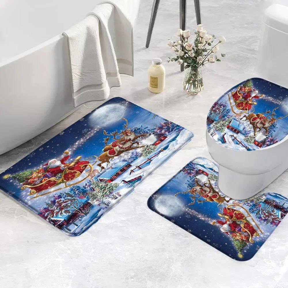 Set di 3 Tappetini da Bagno Natalizi Pupazzo di Neve Babbo Natale Scena Invernale con Neve Rosa Regalo Festivo Tappetino da Bagno Copri WC Decorazione Bagno