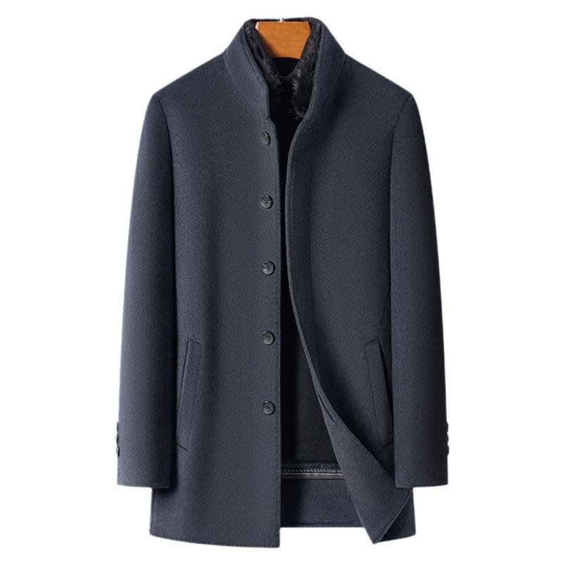 Middle-aged and Elderly Men's Woolen Coats Mid-length Stand-up Collar Down Lining Autumn and Winter Double-sided Woolen Coats Men's Two-piece Set