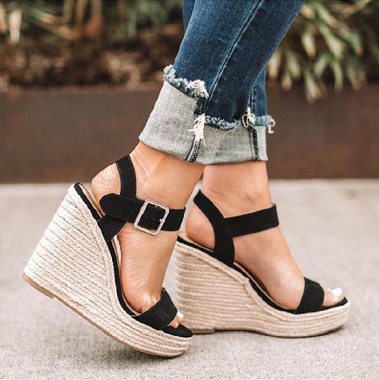 2021 Summer Women's Plus Size Wedge Sandals with Buckle Strap and Open Toe, Size 43