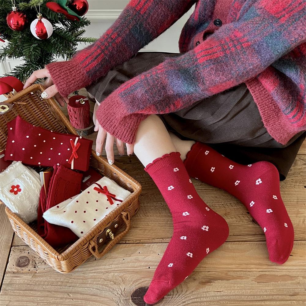 Songmu Winter Rabbit Down Big Red Socks New Year Socks Velvet Bow Tube Socks Lucky Socks
