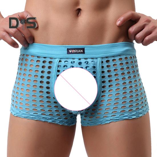 Men Sexy Hollow Out Shorts Briefs Low-rise Breathable Mesh Underwear Solid Color 3D U-convex Panties Underpants