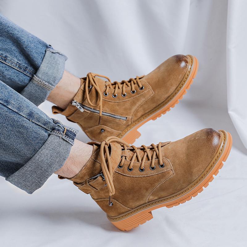 Mode Frühling Neu Dicke Sohle Hochwertige Plateau Herren Stiefeletten Leder Schwarz Motorradstiefel Herren Punk Outdoor Trendstiefel