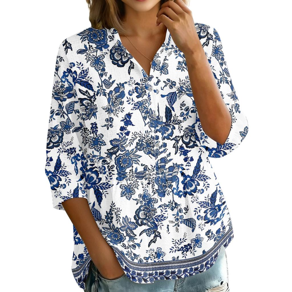 Women's Button Front Vintage Floral Print Shirt Top Three Quarter Sleeve Loose Fit Blouse with Lapel Collar Casual Wear