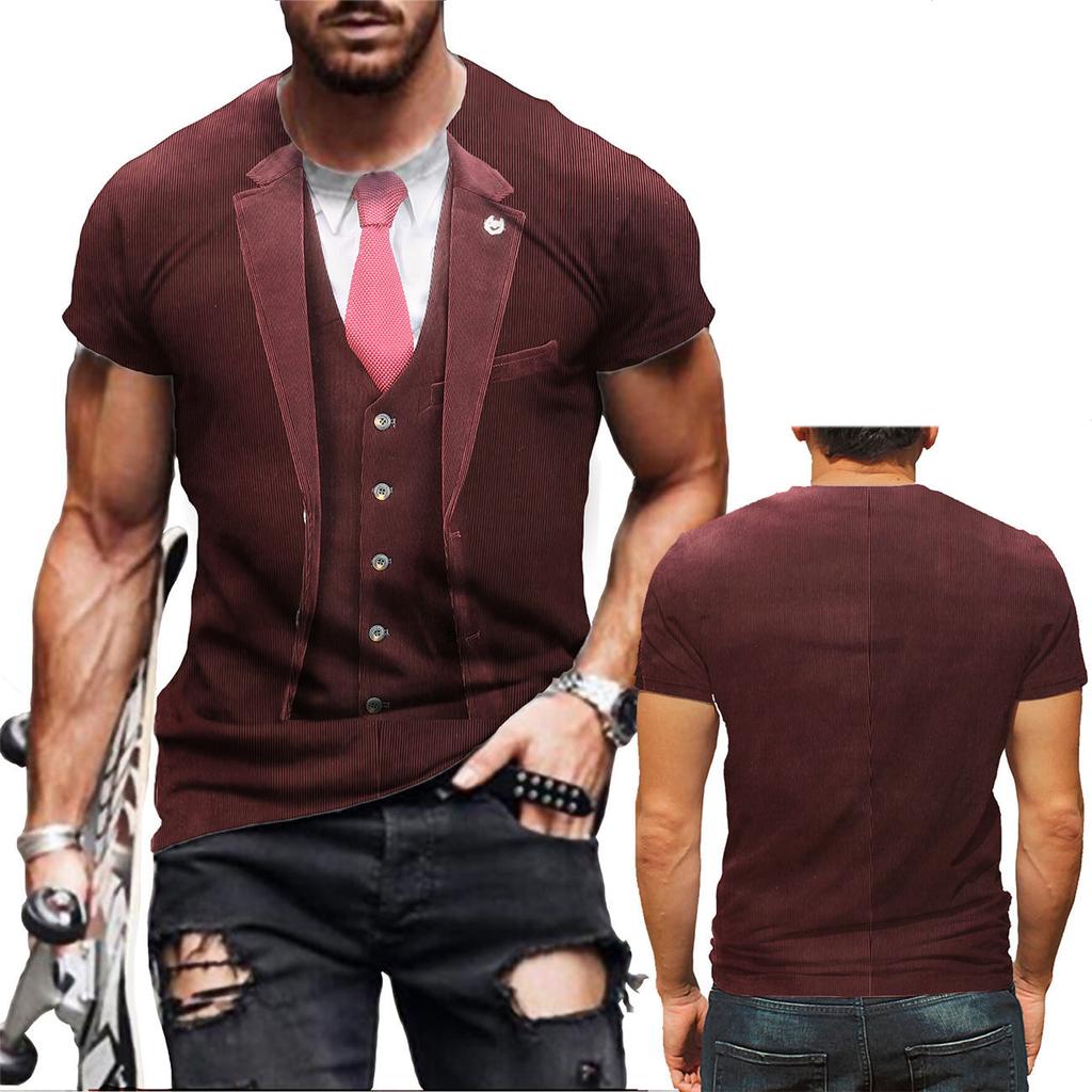 Faux Suit 3D Printed Short Sleeved T-shirt Summer Breathable Polyester Simple Round Neck Top