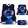 Stitch Kids School Backpack Set Elementary Students Oxford Fabric Ergonomic Design Printed Cartoon 3-Piece Bundle