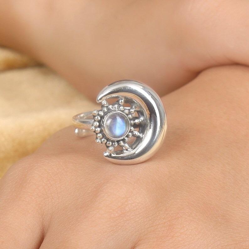Månsten Rund Ädelsten Halvmåne Handgjord Designerring, Statementring, Silverberlock Smycken, Ringar Till Hennes, 925 Sterling Silver
