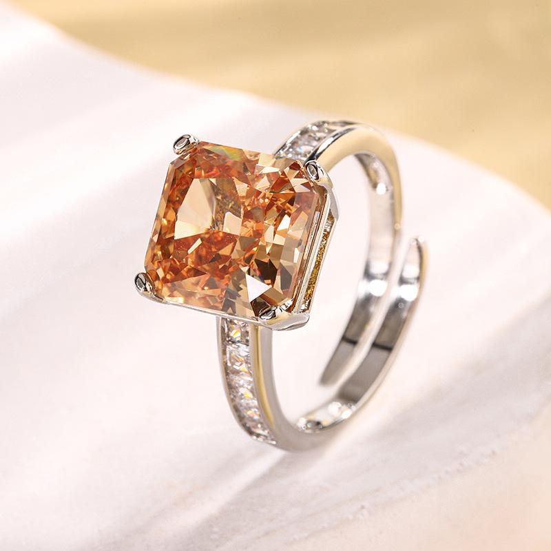 Raw Jewelry Copper Bottom Gold-Plated High Carbon Diamond Ice Flower Cut Princess Square Copper Setting Temperament Ring 10 * 10