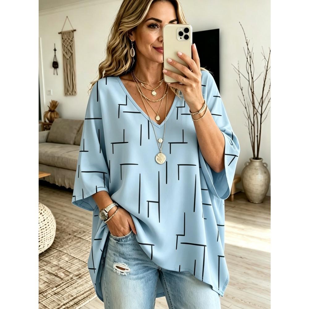 Plus Size Women's V Neck Bat Sleeve T-Shirt Bohemian Ethnic Print Loose Top Casual and Versatile